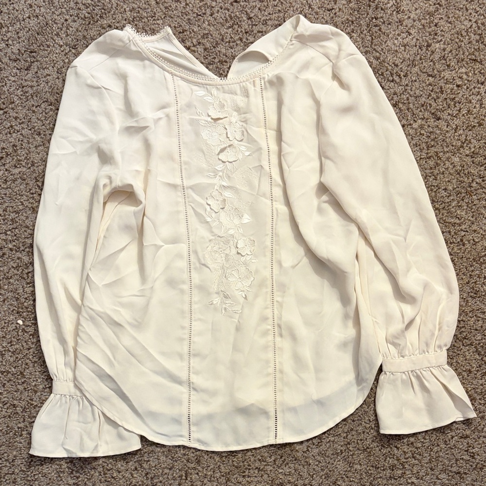 ANN TAYLOR ivory  Embroidered Long-Sleeve Womens Blouse